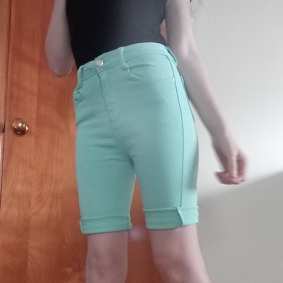 BLUE TOPIC - Mint / Turquoise Denim High Waisted Bermuda Shorts - Picture 2 of 6